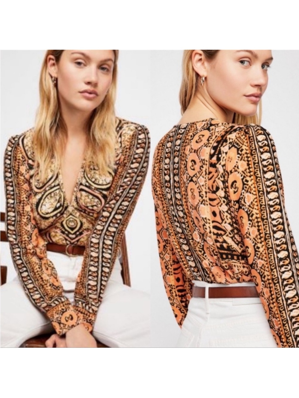Free People “Wild and Free”Boho Paisley V-Neck Blouse